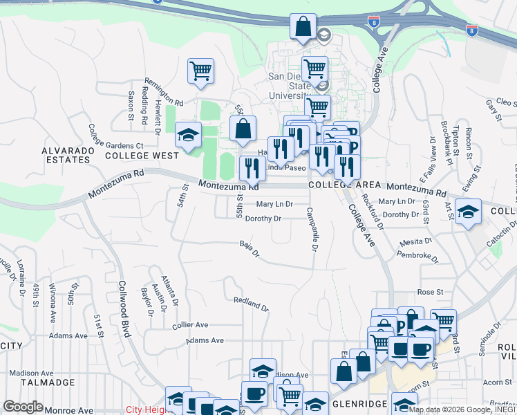 map of restaurants, bars, coffee shops, grocery stores, and more near 5531 Dorothy Drive in San Diego