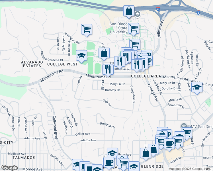 map of restaurants, bars, coffee shops, grocery stores, and more near 5531 Dorothy Drive in San Diego