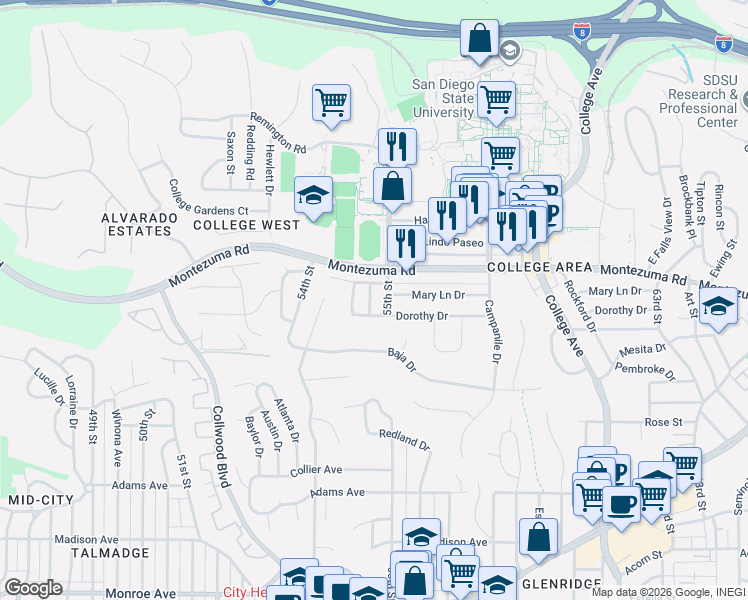map of restaurants, bars, coffee shops, grocery stores, and more near in San Diego