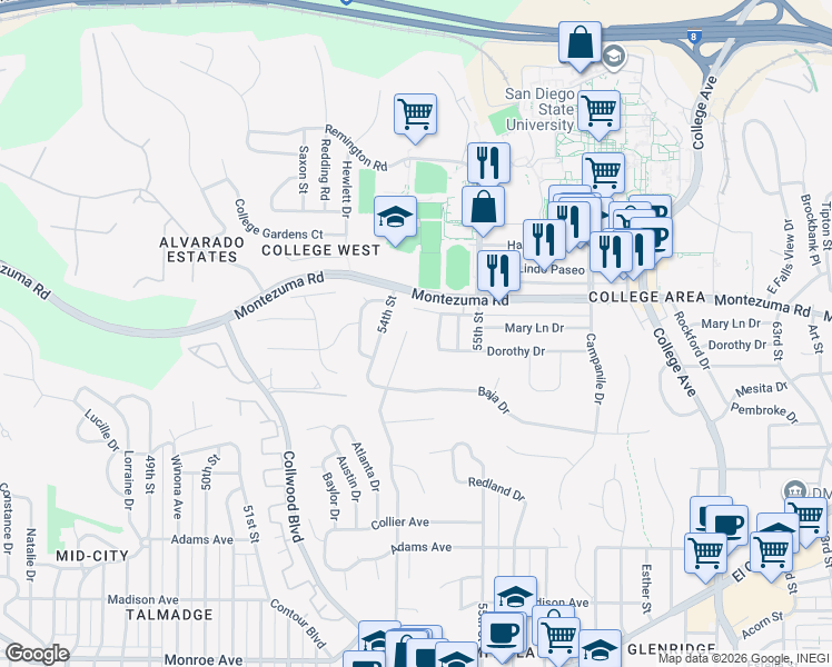 map of restaurants, bars, coffee shops, grocery stores, and more near 5050 Debby Drive in San Diego