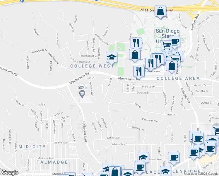 map of restaurants, bars, coffee shops, grocery stores, and more near 5014 Chaparral Way in San Diego