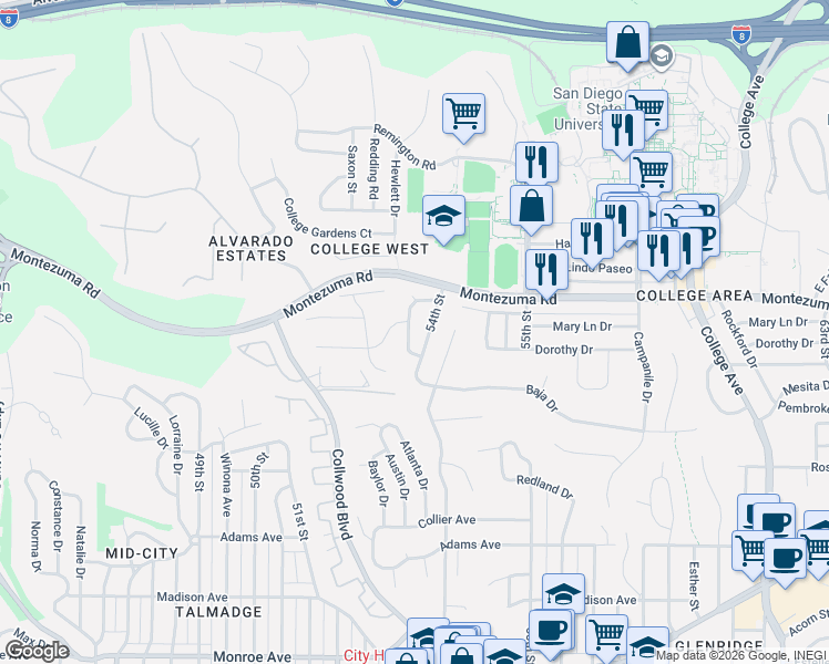 map of restaurants, bars, coffee shops, grocery stores, and more near 5014 Faber Way in San Diego