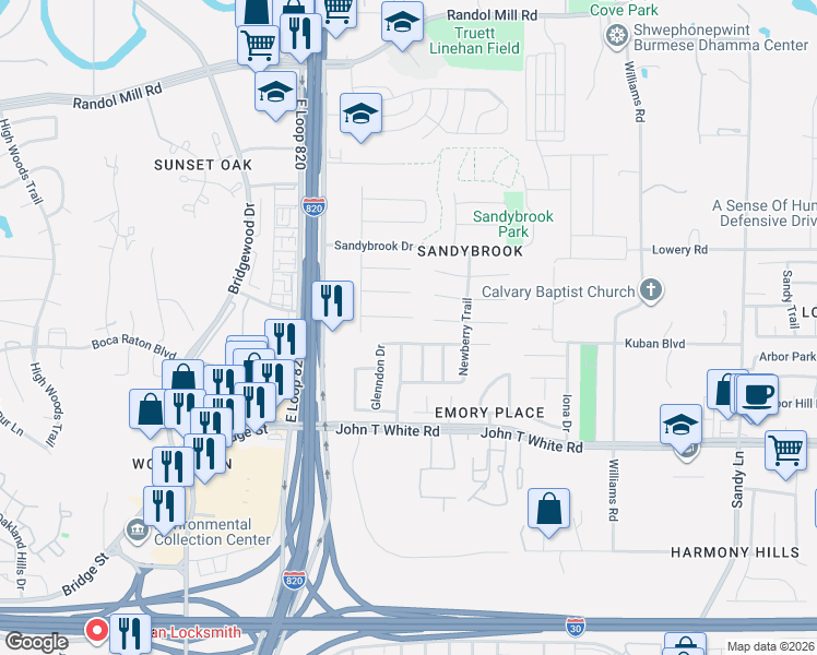 map of restaurants, bars, coffee shops, grocery stores, and more near 801 Bee Creek Lane in Fort Worth