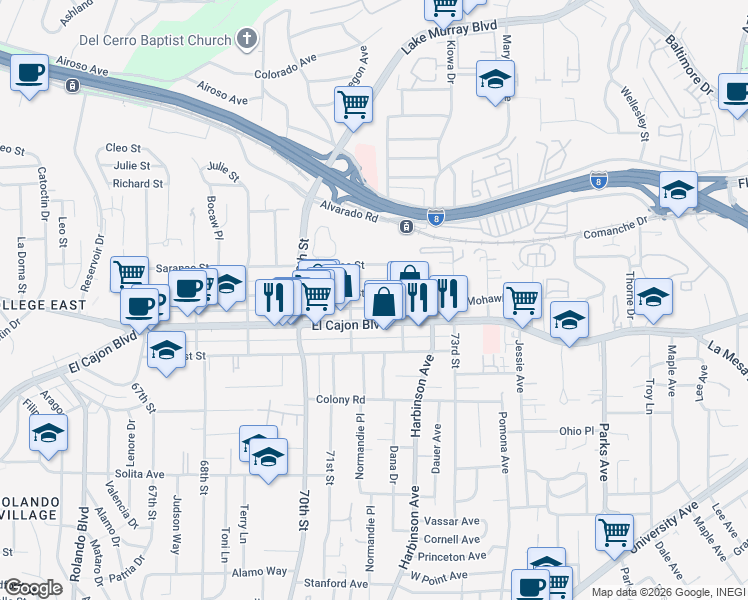 map of restaurants, bars, coffee shops, grocery stores, and more near 7166 El Cajon Boulevard in San Diego