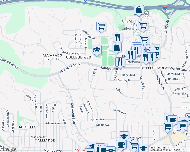 map of restaurants, bars, coffee shops, grocery stores, and more near 5014 Chaparral Way in San Diego