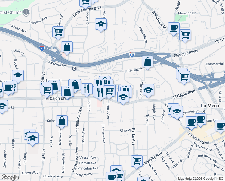 map of restaurants, bars, coffee shops, grocery stores, and more near in La Mesa