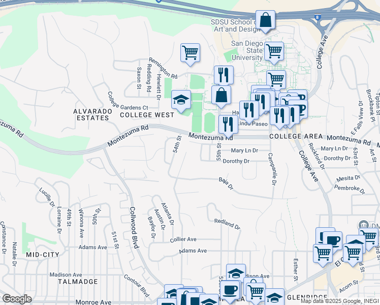 map of restaurants, bars, coffee shops, grocery stores, and more near 5050 Debby Drive in San Diego