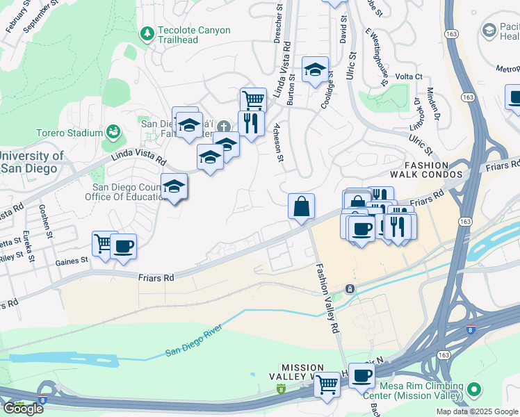 map of restaurants, bars, coffee shops, grocery stores, and more near 6655 Canyon Rim Row in San Diego