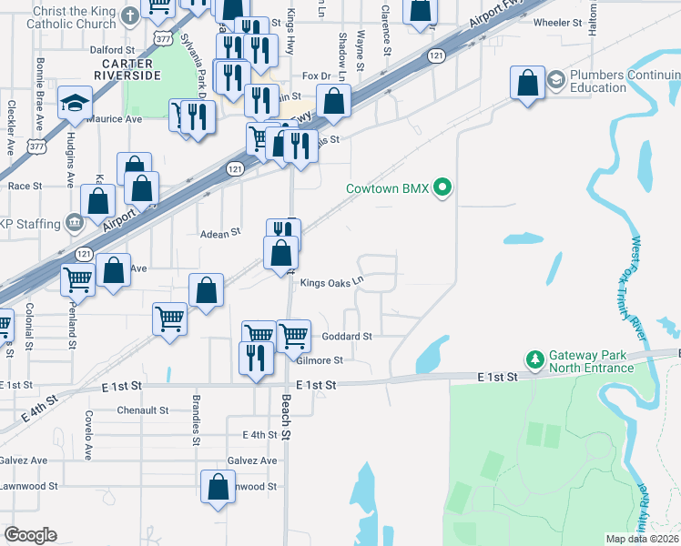 map of restaurants, bars, coffee shops, grocery stores, and more near 4132 Kings Oaks Lane in Fort Worth