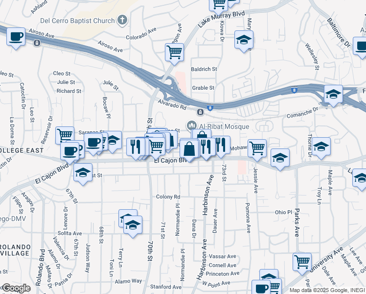 map of restaurants, bars, coffee shops, grocery stores, and more near 7166 El Cajon Boulevard in San Diego