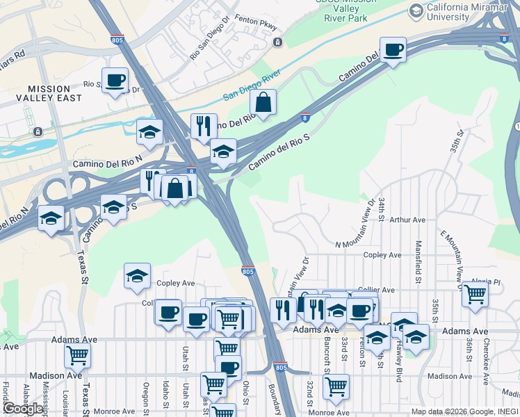 map of restaurants, bars, coffee shops, grocery stores, and more near 5002 Litchfield Road in San Diego