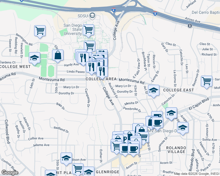 map of restaurants, bars, coffee shops, grocery stores, and more near 5020 College Avenue in San Diego