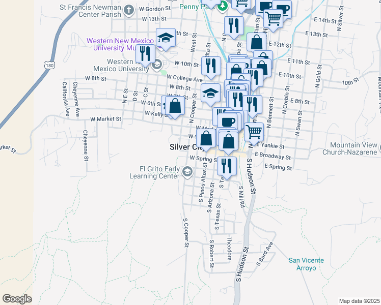 map of restaurants, bars, coffee shops, grocery stores, and more near 101 South Cooper Street in Silver City