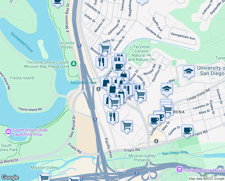 map of restaurants, bars, coffee shops, grocery stores, and more near 1255 West Morena Boulevard in San Diego