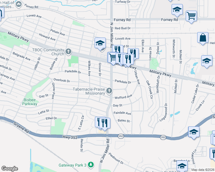 map of restaurants, bars, coffee shops, grocery stores, and more near 6930 Overlook Drive in Dallas
