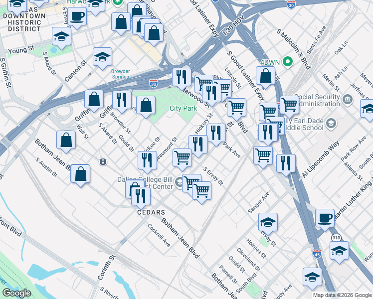 map of restaurants, bars, coffee shops, grocery stores, and more near 2007 South Ervay Street in Dallas