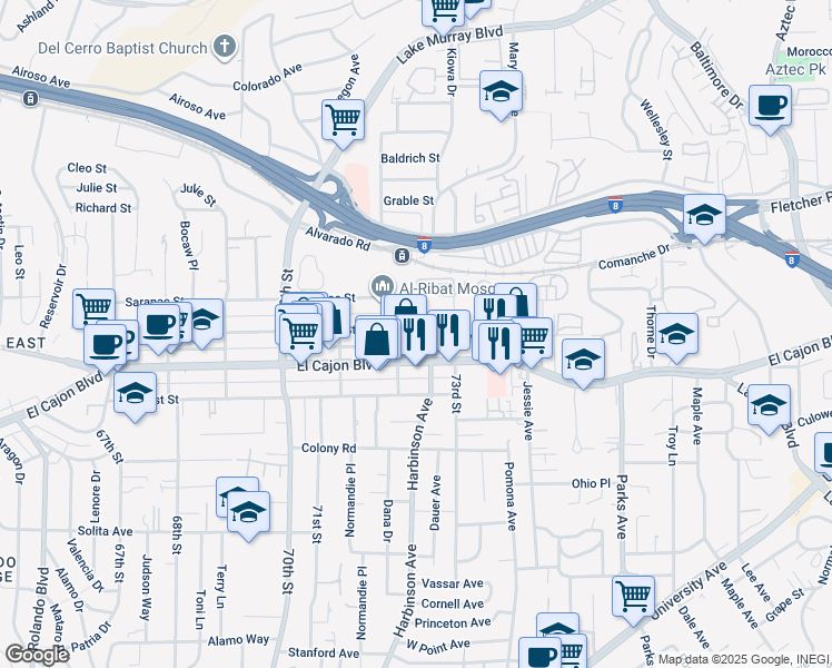 map of restaurants, bars, coffee shops, grocery stores, and more near 7225 Mohawk Street in San Diego