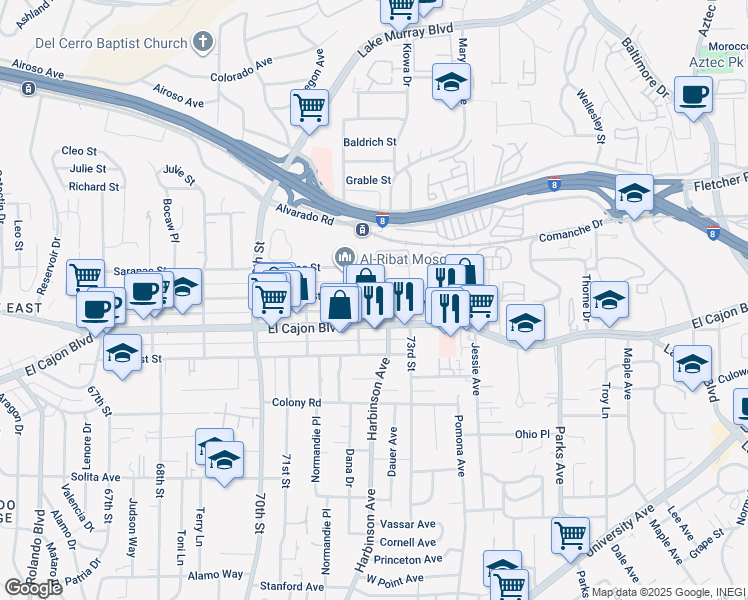 map of restaurants, bars, coffee shops, grocery stores, and more near 7225 Mohawk Street in San Diego