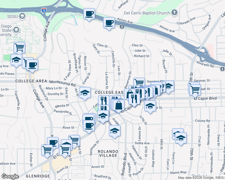 map of restaurants, bars, coffee shops, grocery stores, and more near 6545 Montezuma Road in San Diego