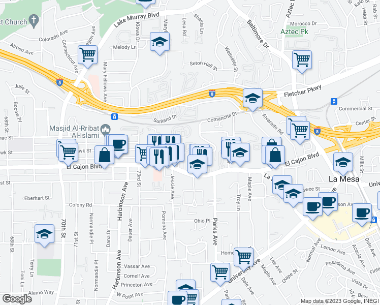 map of restaurants, bars, coffee shops, grocery stores, and more near 7481 Mohawk Street in La Mesa