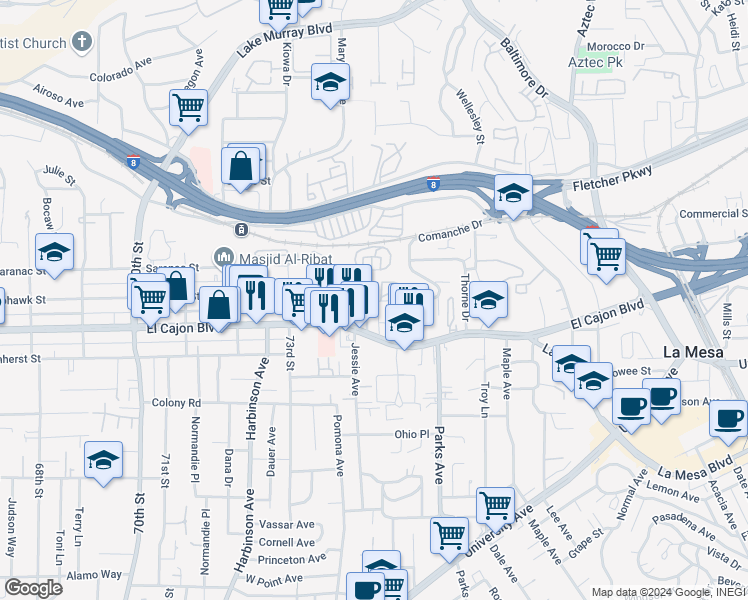 map of restaurants, bars, coffee shops, grocery stores, and more near 7410 El Cajon Boulevard in La Mesa