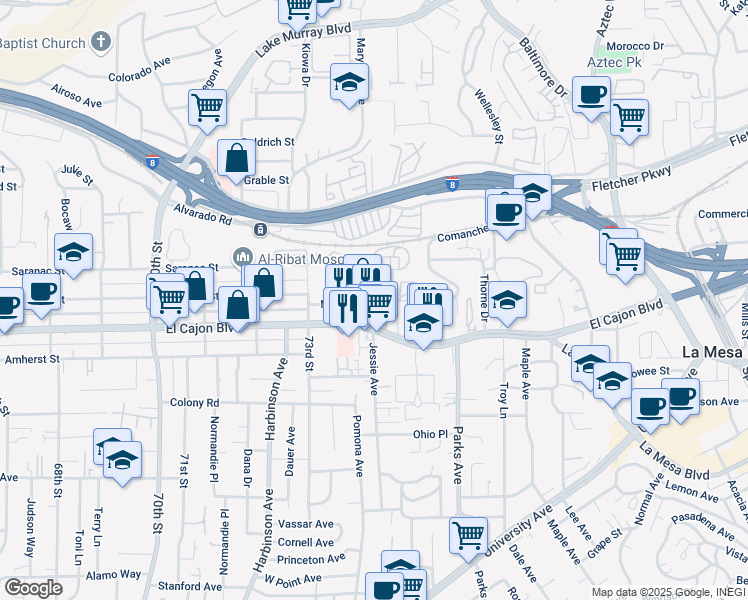 map of restaurants, bars, coffee shops, grocery stores, and more near 7410 El Cajon Boulevard in La Mesa