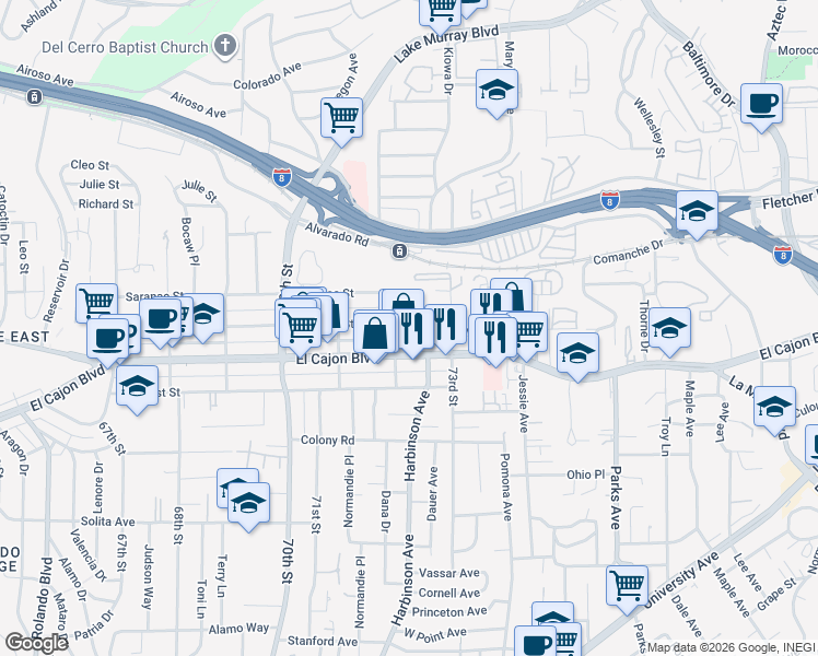 map of restaurants, bars, coffee shops, grocery stores, and more near 7220 El Cajon Boulevard in San Diego