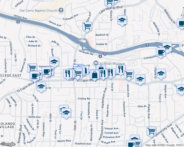 map of restaurants, bars, coffee shops, grocery stores, and more near 7166 El Cajon Boulevard in San Diego