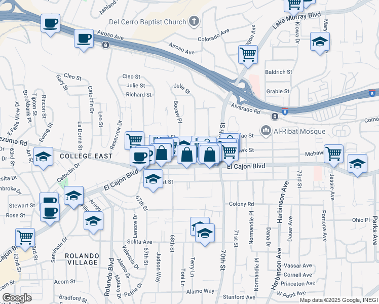 map of restaurants, bars, coffee shops, grocery stores, and more near 4954 69th Street in San Diego