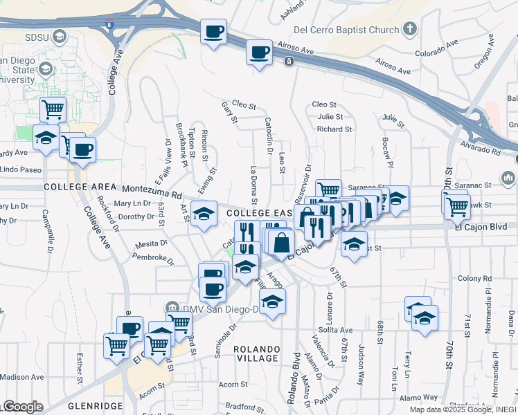 map of restaurants, bars, coffee shops, grocery stores, and more near 6545 Montezuma Road in San Diego