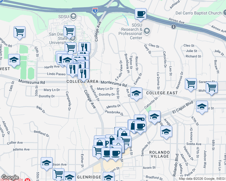map of restaurants, bars, coffee shops, grocery stores, and more near 6205 Dorothy Drive in San Diego