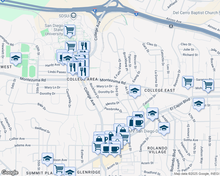 map of restaurants, bars, coffee shops, grocery stores, and more near 6205 Dorothy Drive in San Diego
