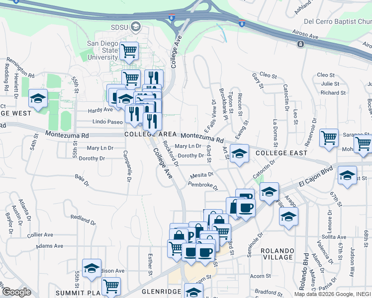 map of restaurants, bars, coffee shops, grocery stores, and more near 6205 Dorothy Drive in San Diego