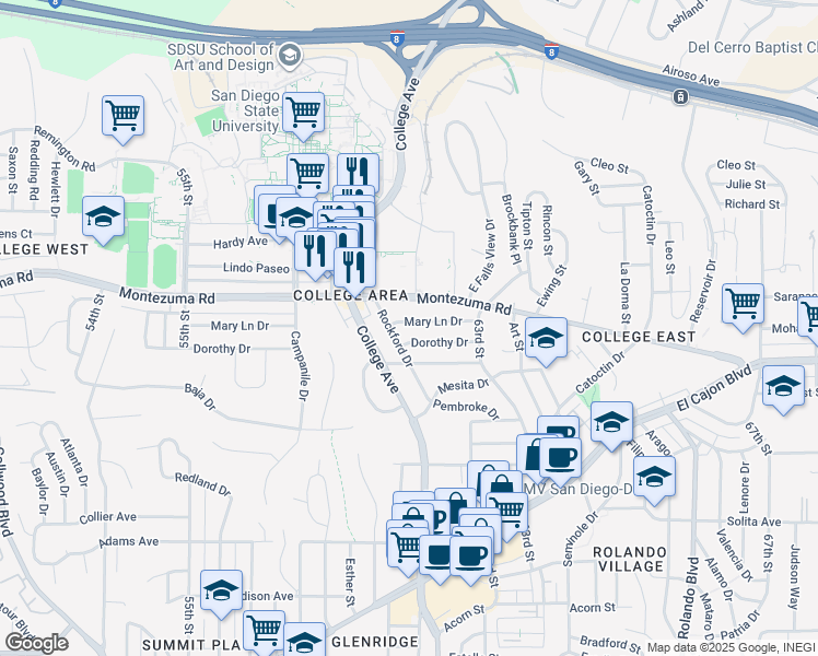 map of restaurants, bars, coffee shops, grocery stores, and more near 6105 Dorothy Drive in San Diego