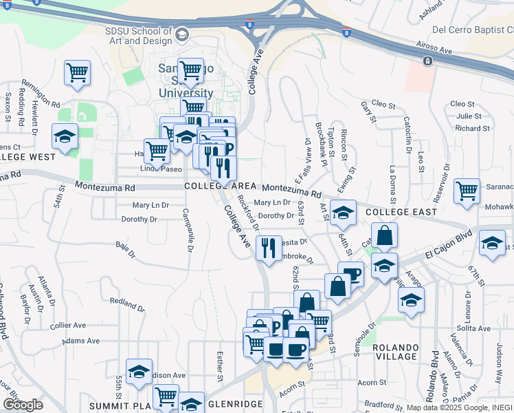 map of restaurants, bars, coffee shops, grocery stores, and more near 6105 Dorothy Drive in San Diego