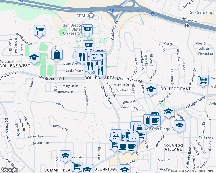 map of restaurants, bars, coffee shops, grocery stores, and more near 5020 College Avenue in San Diego