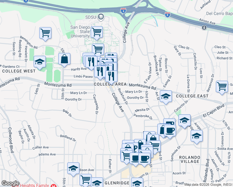 map of restaurants, bars, coffee shops, grocery stores, and more near 5020 College Avenue in San Diego