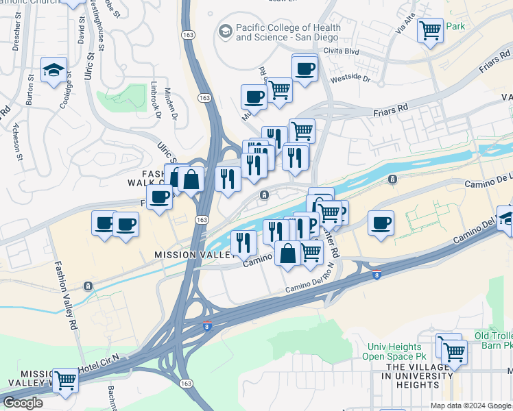 map of restaurants, bars, coffee shops, grocery stores, and more near 7473 Hazard Center Drive in San Diego