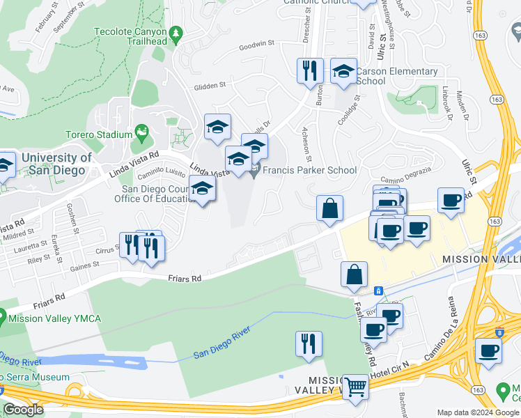 map of restaurants, bars, coffee shops, grocery stores, and more near 1270 River Vista Row in San Diego