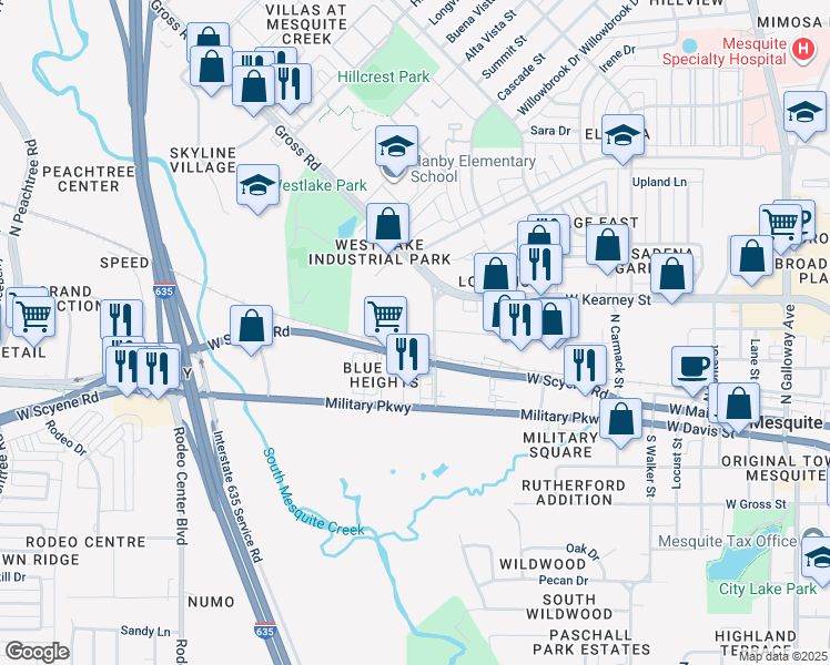 map of restaurants, bars, coffee shops, grocery stores, and more near 1111-1473 West Scyene Road in Mesquite