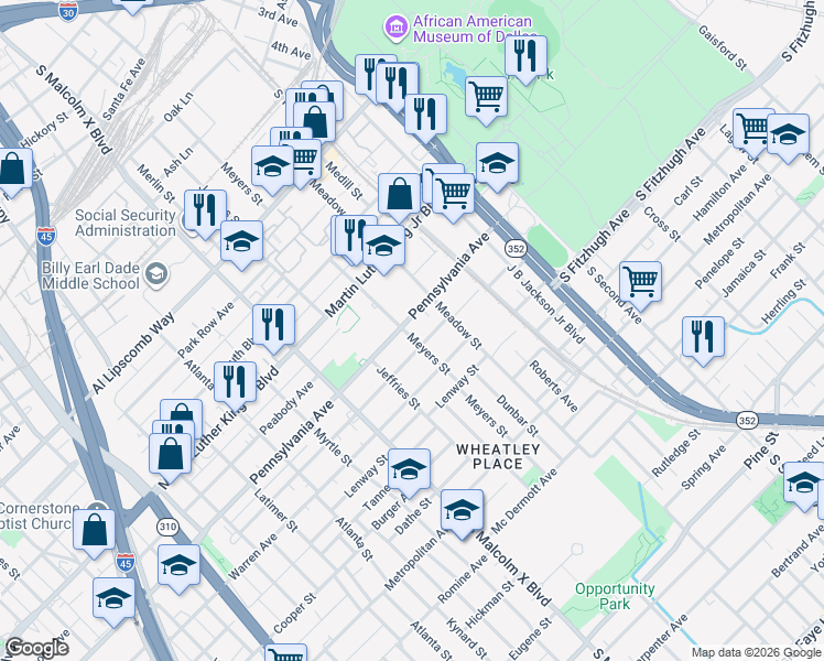map of restaurants, bars, coffee shops, grocery stores, and more near 2938 Birmingham Avenue in Dallas