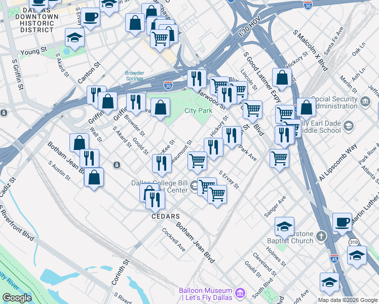map of restaurants, bars, coffee shops, grocery stores, and more near 1521 Hickory Street in Dallas