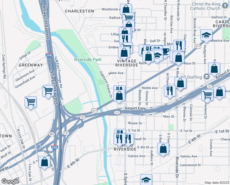 map of restaurants, bars, coffee shops, grocery stores, and more near 301 Oakhurst Scenic Drive in Fort Worth