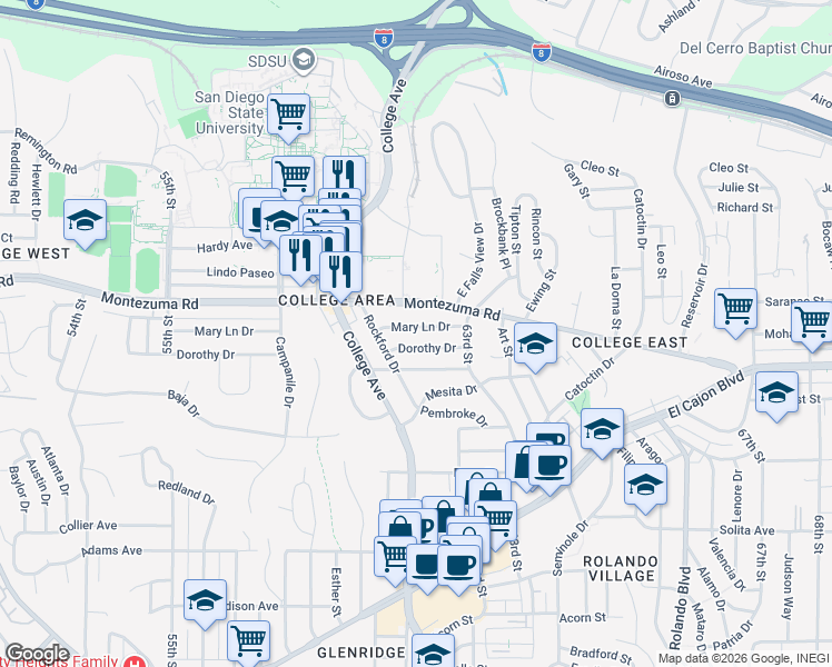 map of restaurants, bars, coffee shops, grocery stores, and more near 6205 Dorothy Drive in San Diego