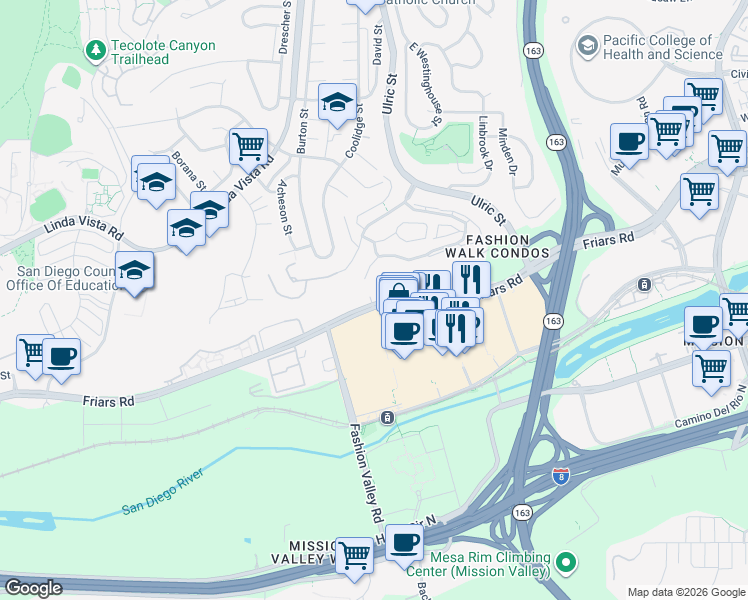 map of restaurants, bars, coffee shops, grocery stores, and more near 7007 Friars Road in San Diego