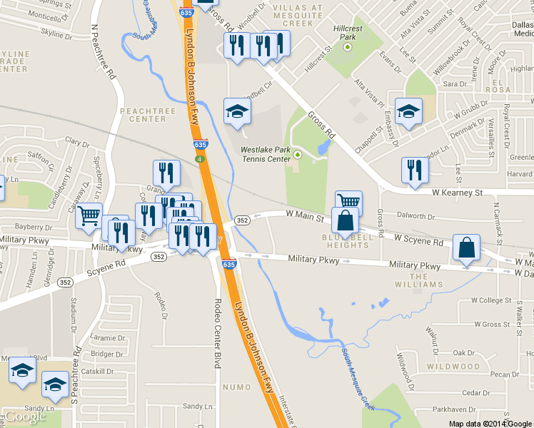 map of restaurants, bars, coffee shops, grocery stores, and more near 1473 West Scyene Road in Mesquite