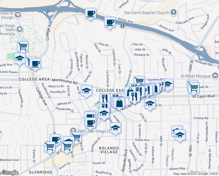 map of restaurants, bars, coffee shops, grocery stores, and more near 6545 Montezuma Road in San Diego