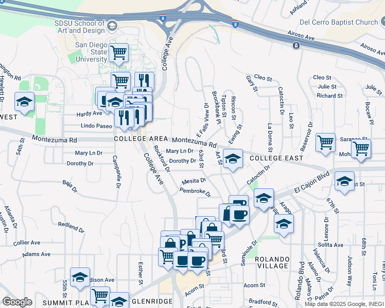 map of restaurants, bars, coffee shops, grocery stores, and more near 6205 Dorothy Drive in San Diego