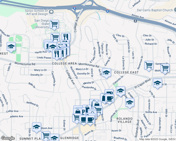 map of restaurants, bars, coffee shops, grocery stores, and more near 6241 Mary Lane Drive in San Diego