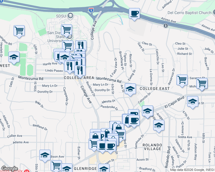 map of restaurants, bars, coffee shops, grocery stores, and more near 6205 Dorothy Drive in San Diego